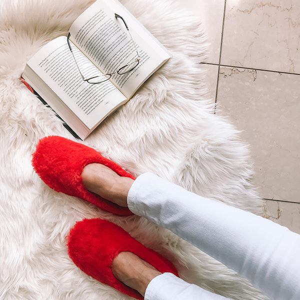 slipper cozy red lavender 